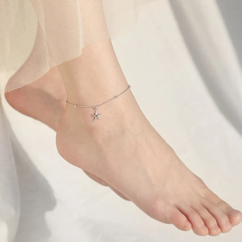 S925 sterling silver women's anklet with starfish charm and round beads design