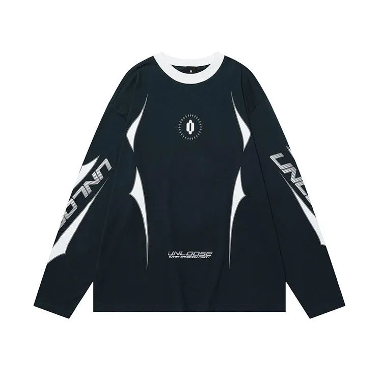 Grey cotton drop shoulder sweatshirt with letter print and long sleeves on a hanger.
