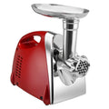 Red electric meat grinder with 800W motor and food grade aluminium alloy body on kitchen counter