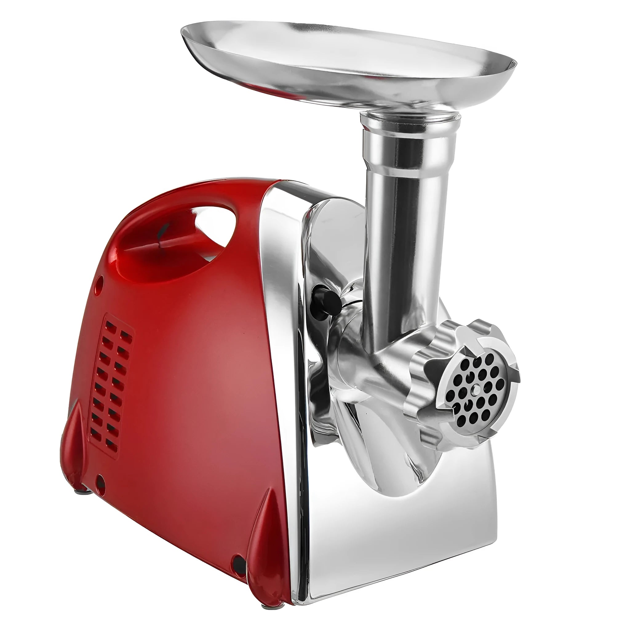 Red electric meat grinder with 800W motor and food grade aluminium alloy body on kitchen counter