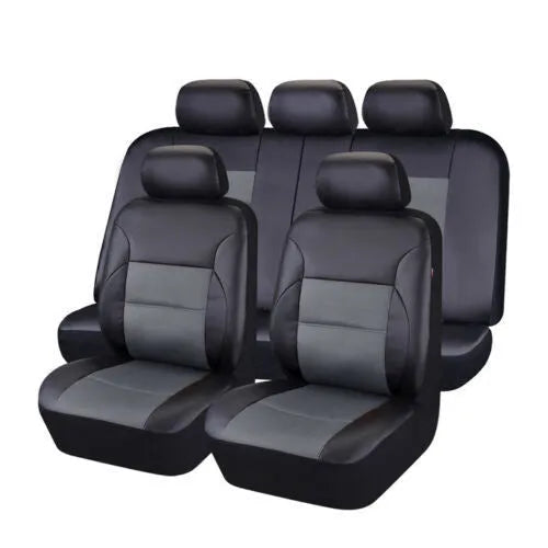 Artificial leather car seat covers in multiple colours with stitching patterns for 5-seater vehicle protection