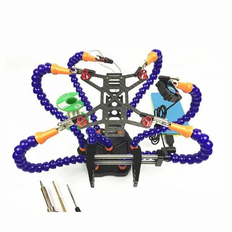 Black and purple aluminium alloy six-jaw welding station with multiple arms for model repair.