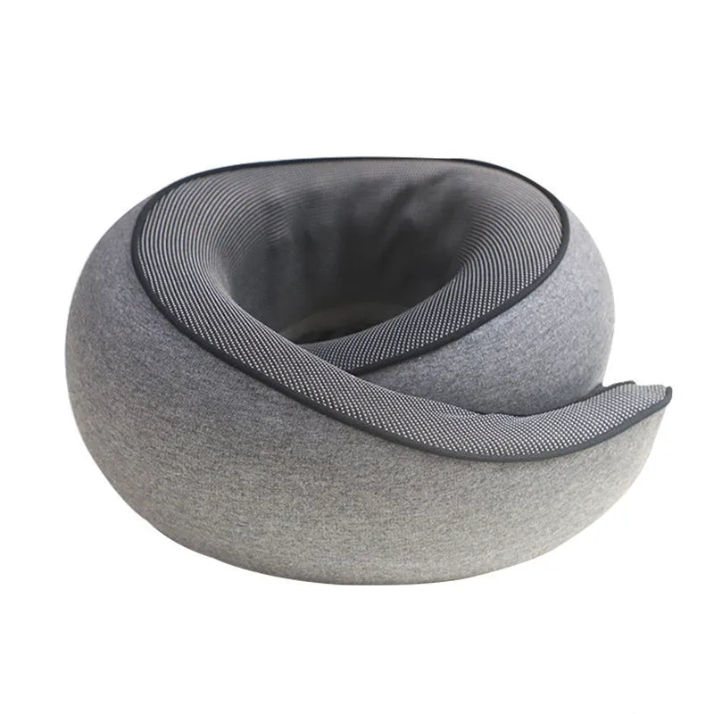 U-shaped memory foam travel neck pillow in light grey with a black storage bag.