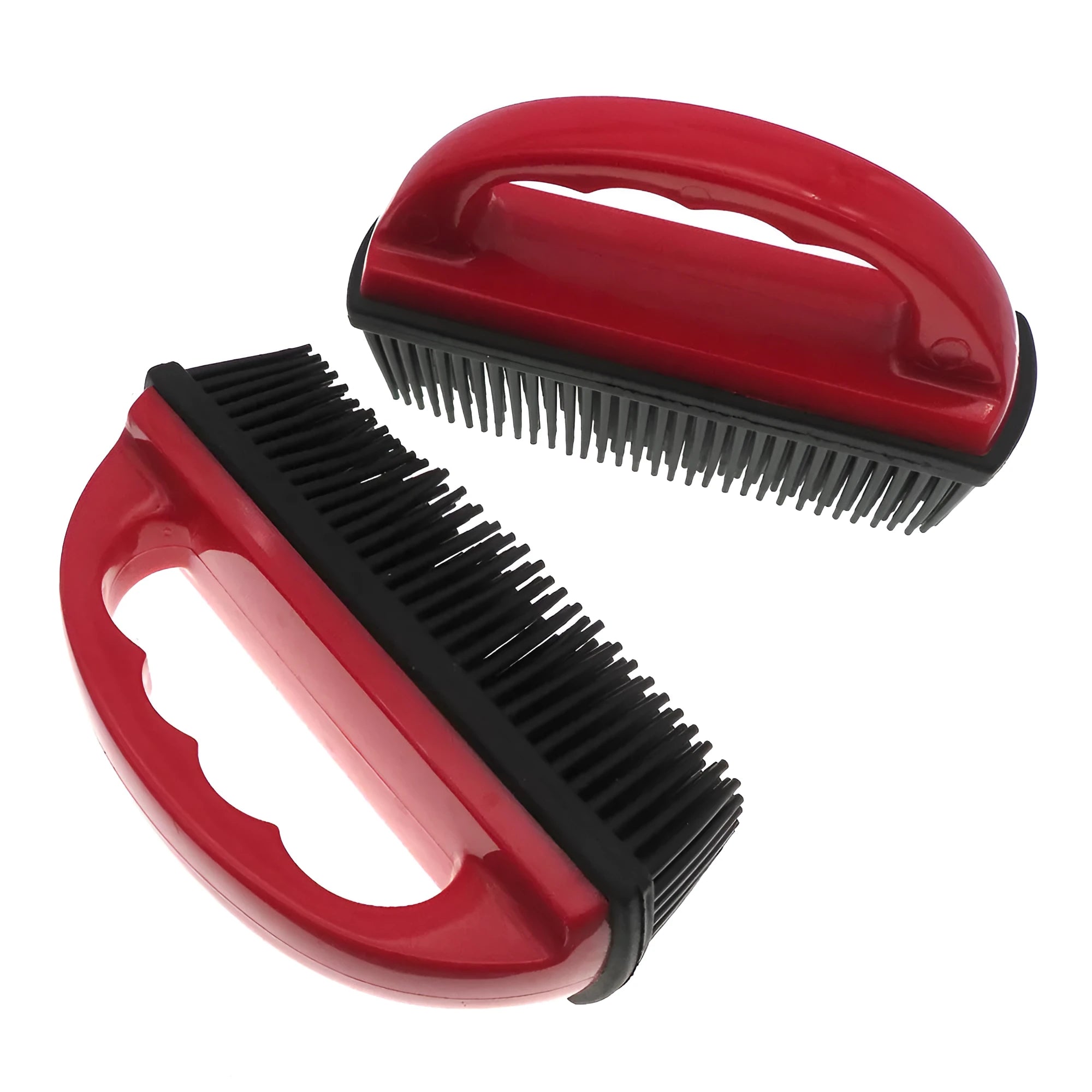 Red plastic pet hair removal brush with massage function for bath time and carpet cleaning