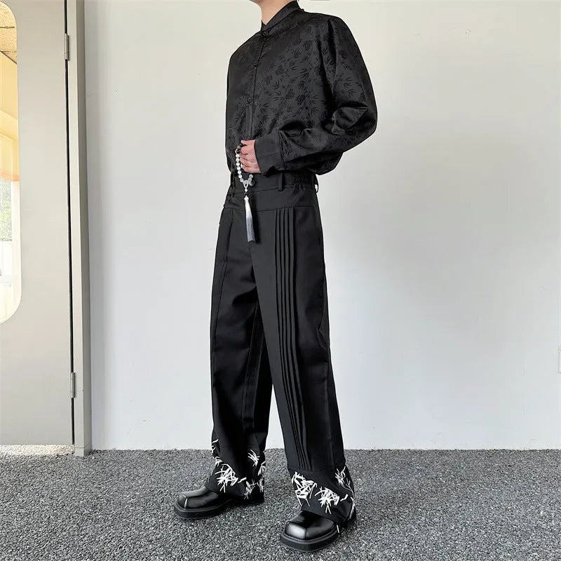 Pleated wide leg straight pants black cotton blend with elastic waist on mannequin