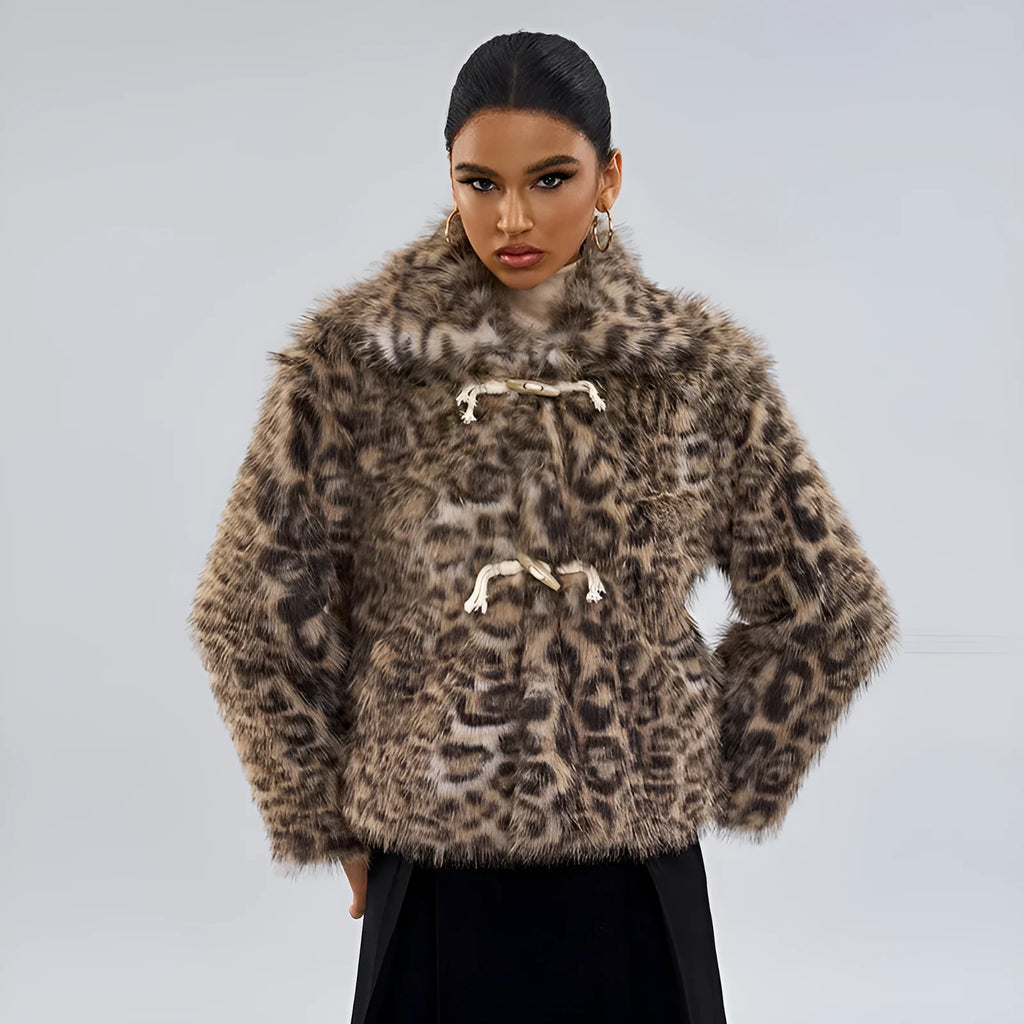 Women's leopard print buckle lapel coat in polyester fabric with regular sleeves