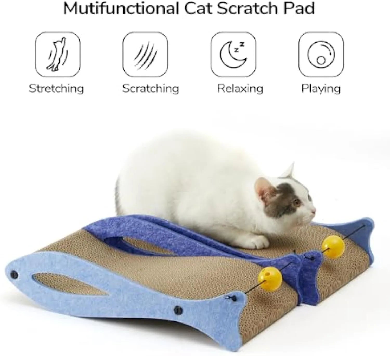 Blue fish-shaped cardboard cat scratcher lounge with bell toys on elastic cord