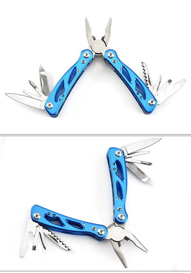 Blue outdoor portable multi-function pliers fruit knife with stainless steel 420 aluminium construction and Oxford bag