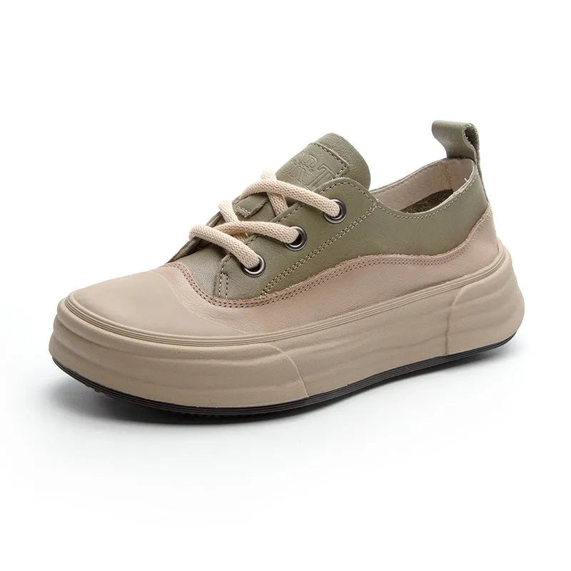 Women's solid colour leather platform sneakers in matcha, purple, or orange with front lace-up.