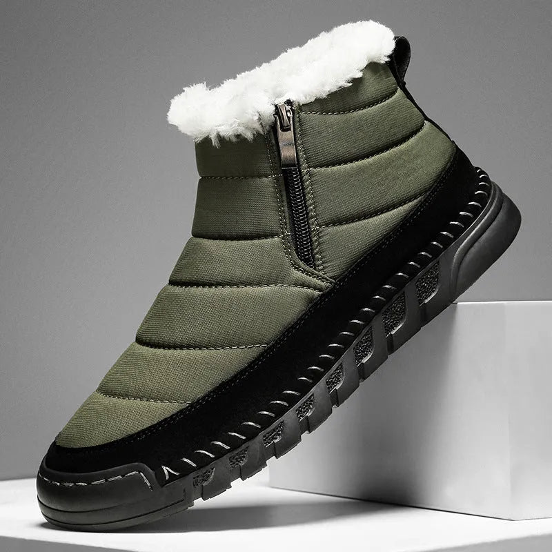 Men's plus size snow boot in a solid colour with cotton upper, flat heel, and non-slip rubber sole.