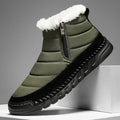 Men's plus size snow boot in a solid colour with cotton upper, flat heel, and non-slip rubber sole.