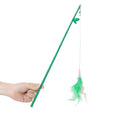 Green interactive cat feather wand toy with bells and durable construction for playful stimulation