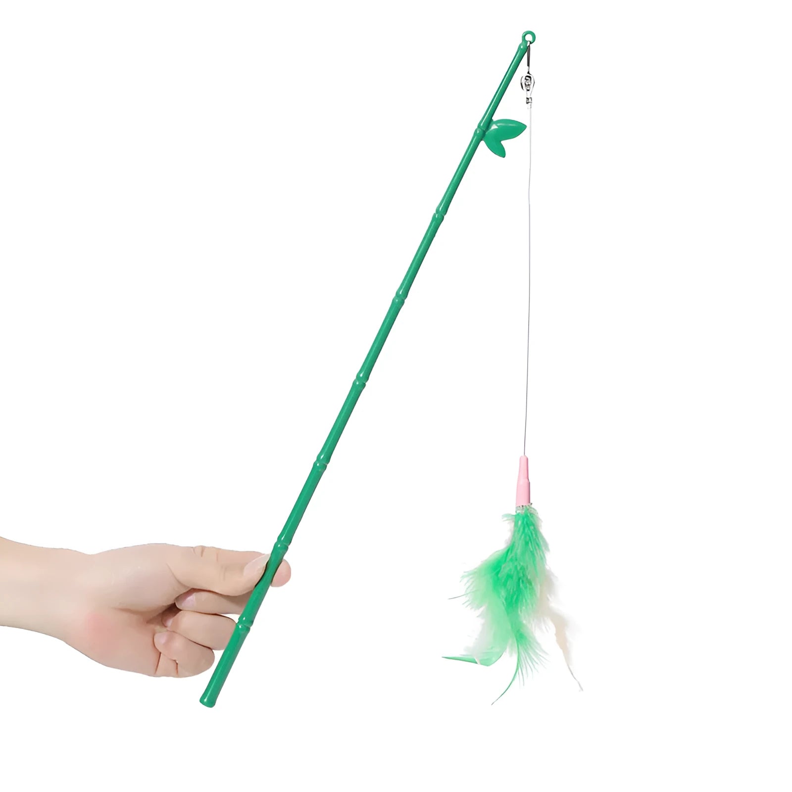 Green interactive cat feather wand toy with bells and durable construction for playful stimulation