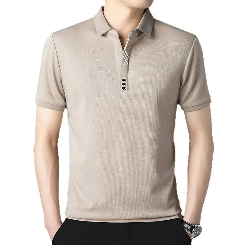 Summer lapels short-sleeved T-shirt for men, solid colour, asymmetric hem, available in green, white, red, black, khaki, and grey from 2504 and 2430 series.
