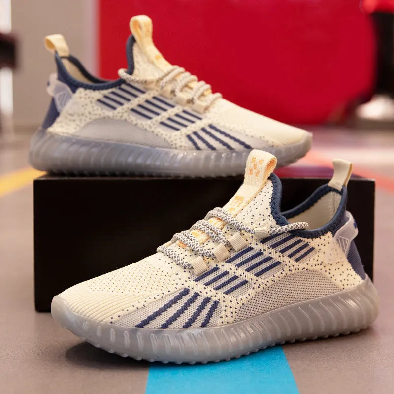 Men's white breathable fabric sports shoes with platform heel and round toe on a plain background.