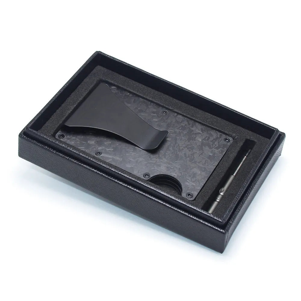 Carbon fibre card wallet in black showing geometry design with multiple card slots at 8mm thickness