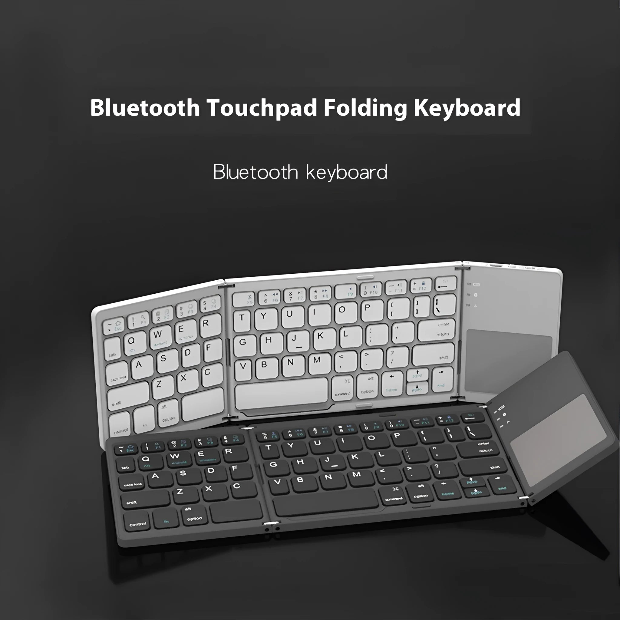 Tri-fold Bluetooth keyboard in black showing folded 0.8cm thickness next to unfolded 30.2cm typing surface