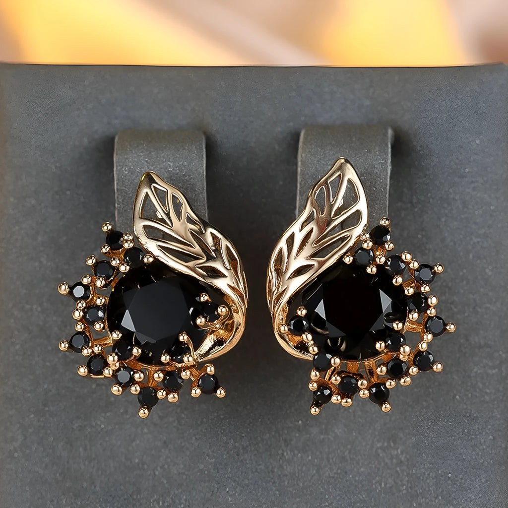 Round flowers feather zircon earrings for women with champagne gold electroplated copper and six colour options
