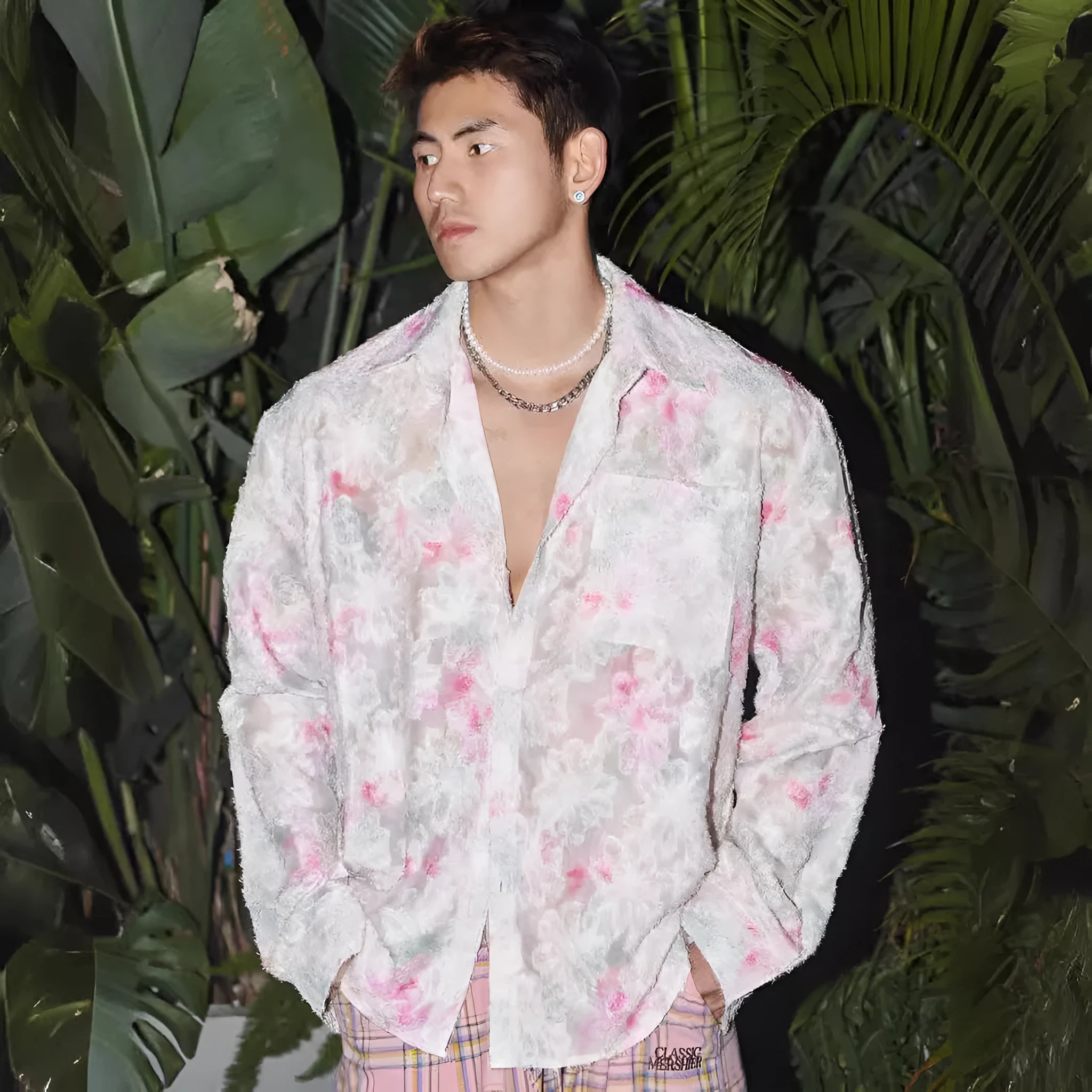 Floral long sleeve shirt with embossed three-dimensional pattern in pink colour, loose fit blouse