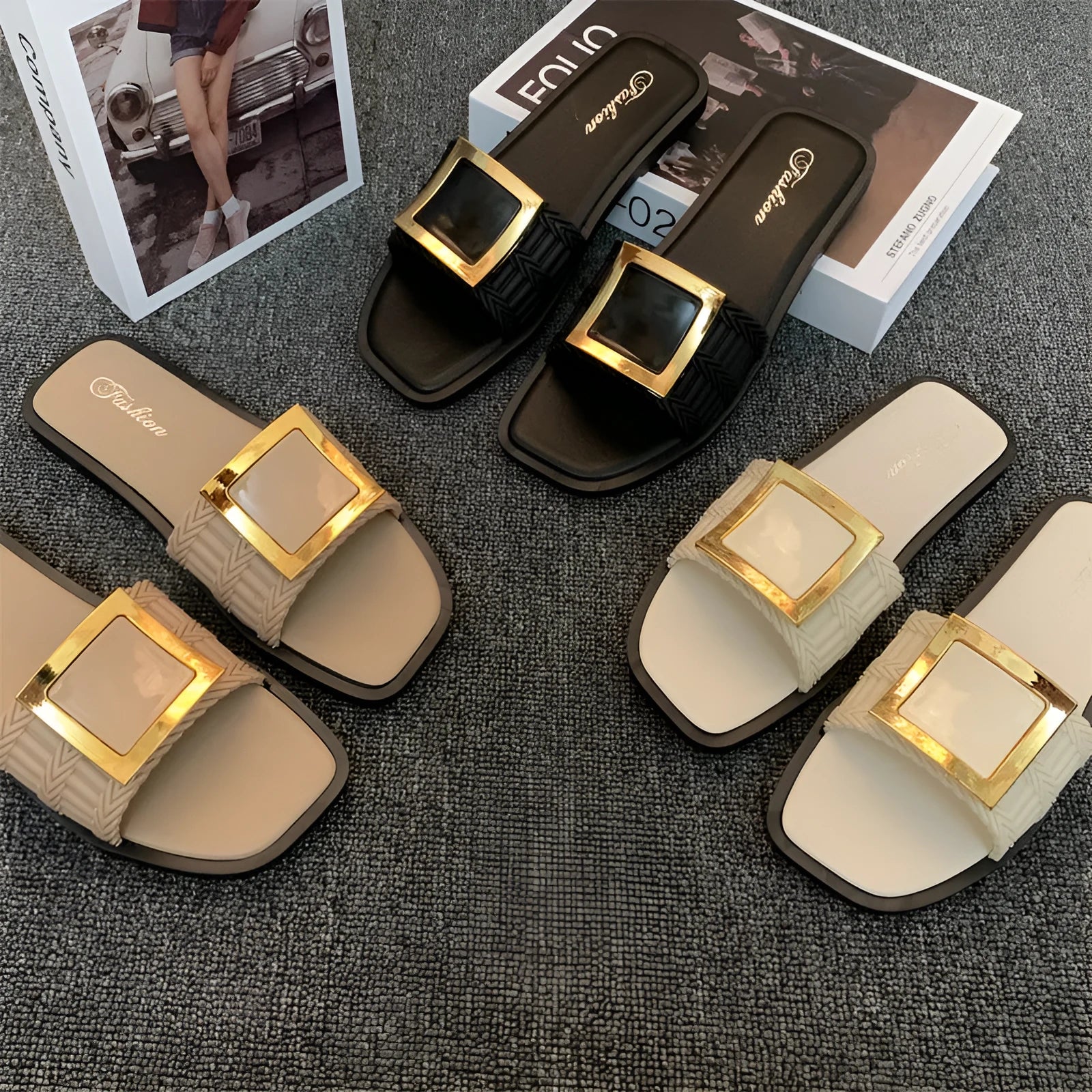 Women's apricot coloured flat casual slippers with a textured PVC sole, shown on a light background.