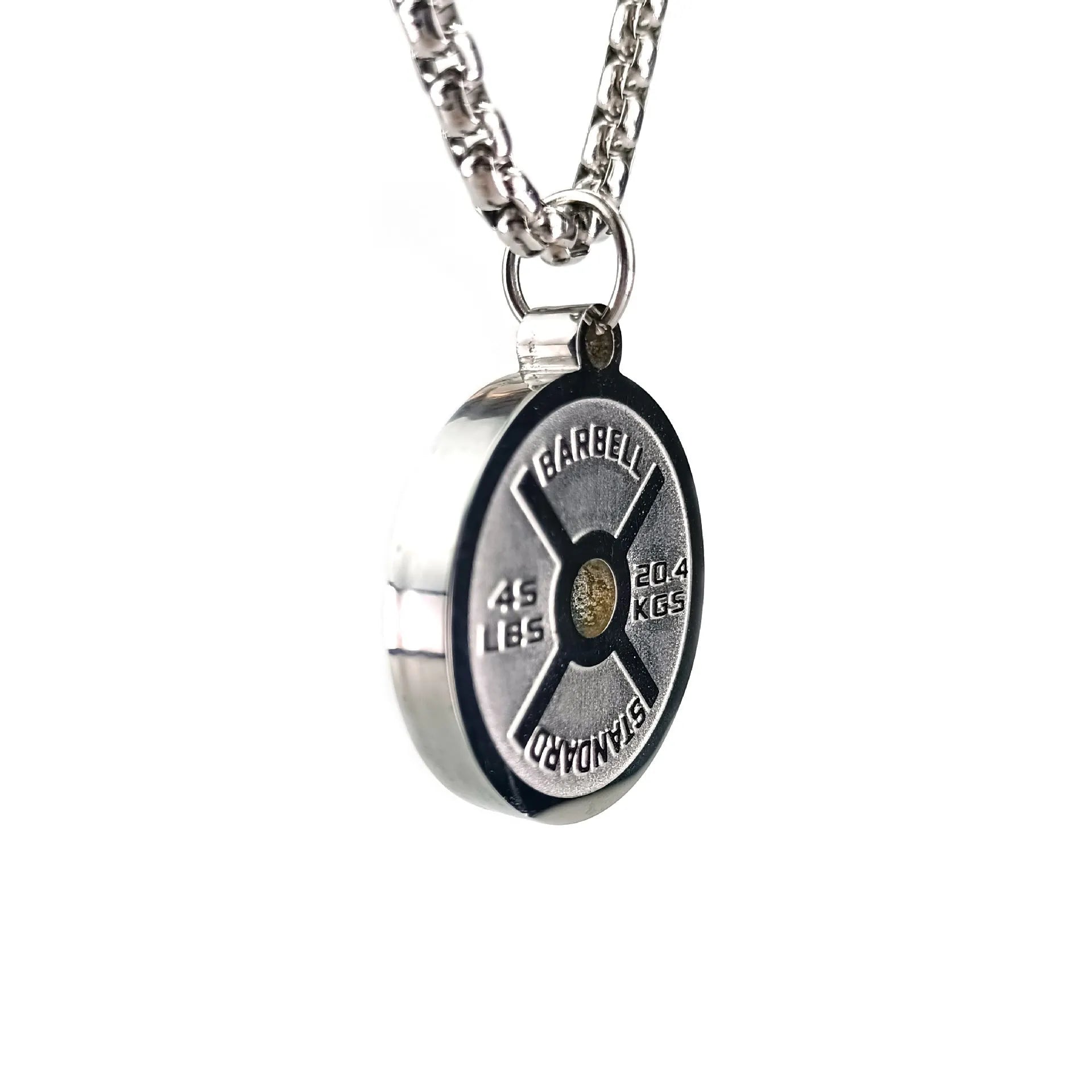 Polished stainless steel barbell disk pendant necklace available in black, gold, and pearl chain styles for fitness fashion