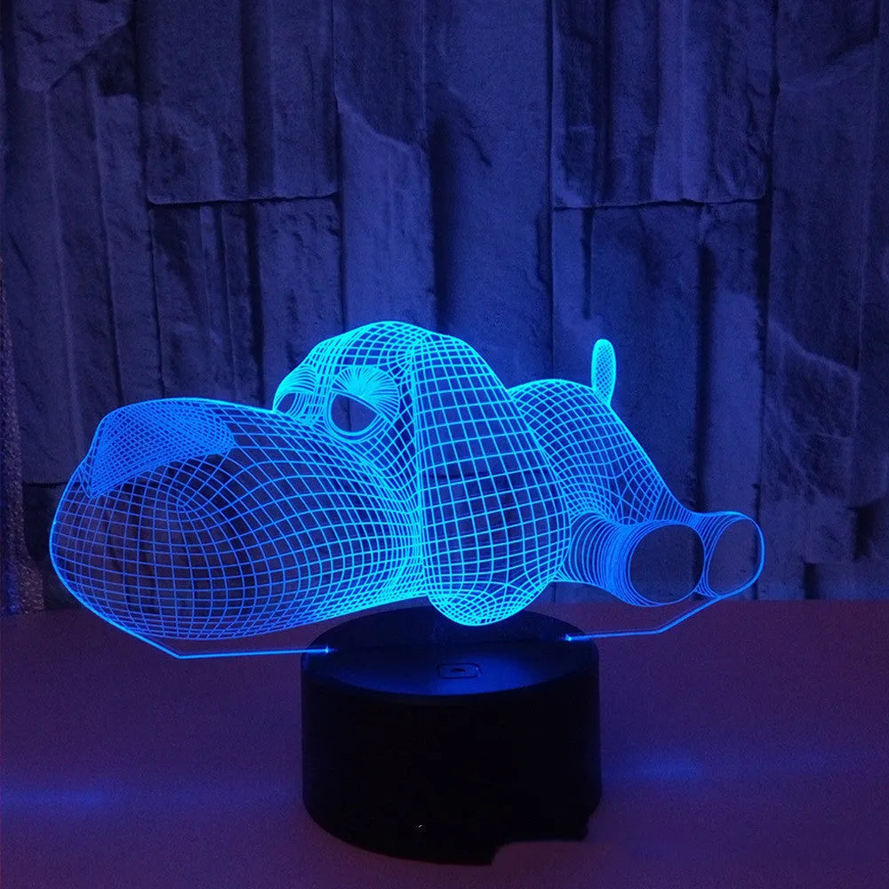 3D dog desktop lamp glowing in multiple colours with USB power cable