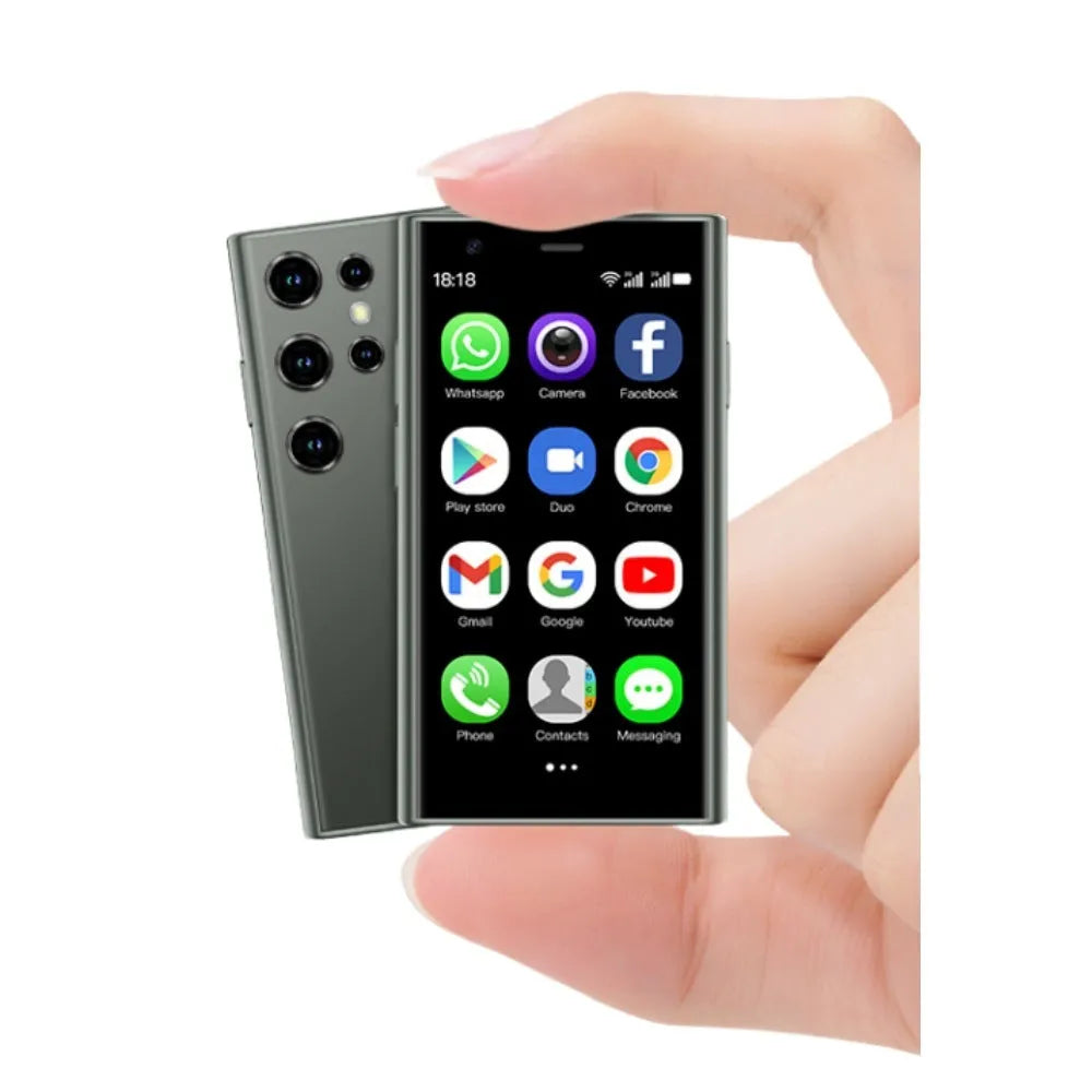 Mini smartphone with 30-inch screen in black, green, or pink purple colours showing straight plate design