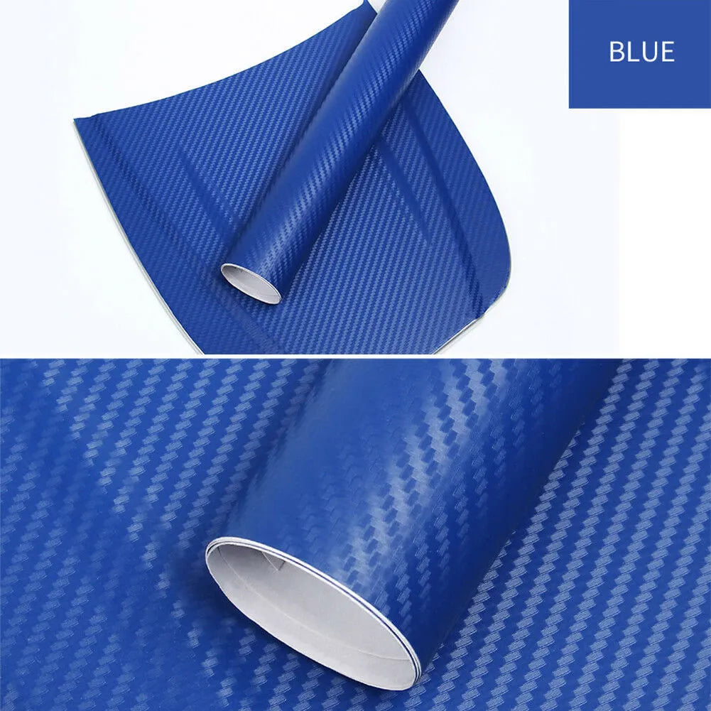 3D carbon fibre sticker roll for car decoration in eight colour options showing textured material