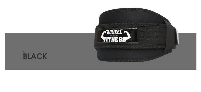 Black nylon fitness weightlifting belt on a gym floor, showing adjustable buckle and supportive width.