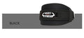 Black nylon fitness weightlifting belt on a gym floor, showing adjustable buckle and supportive width.