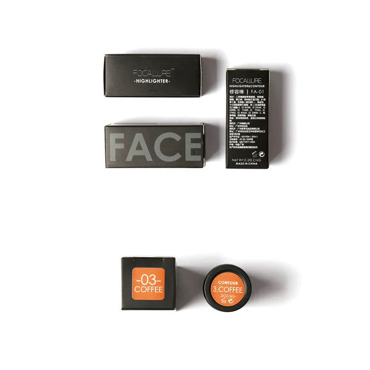 Face contour highlighter makeup stick in a creamy formula for cheekbone and jawline definition.