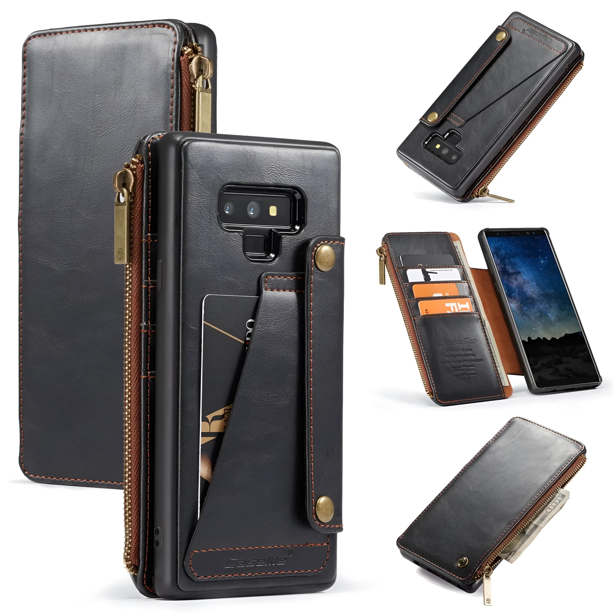 Samsung Galaxy Note9 PU leather flip phone case in black, brown or red colours
