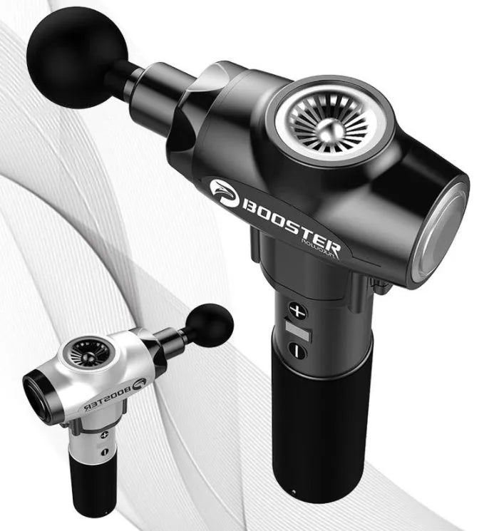 Black and white cordless muscle massage gun with adjustable speed settings