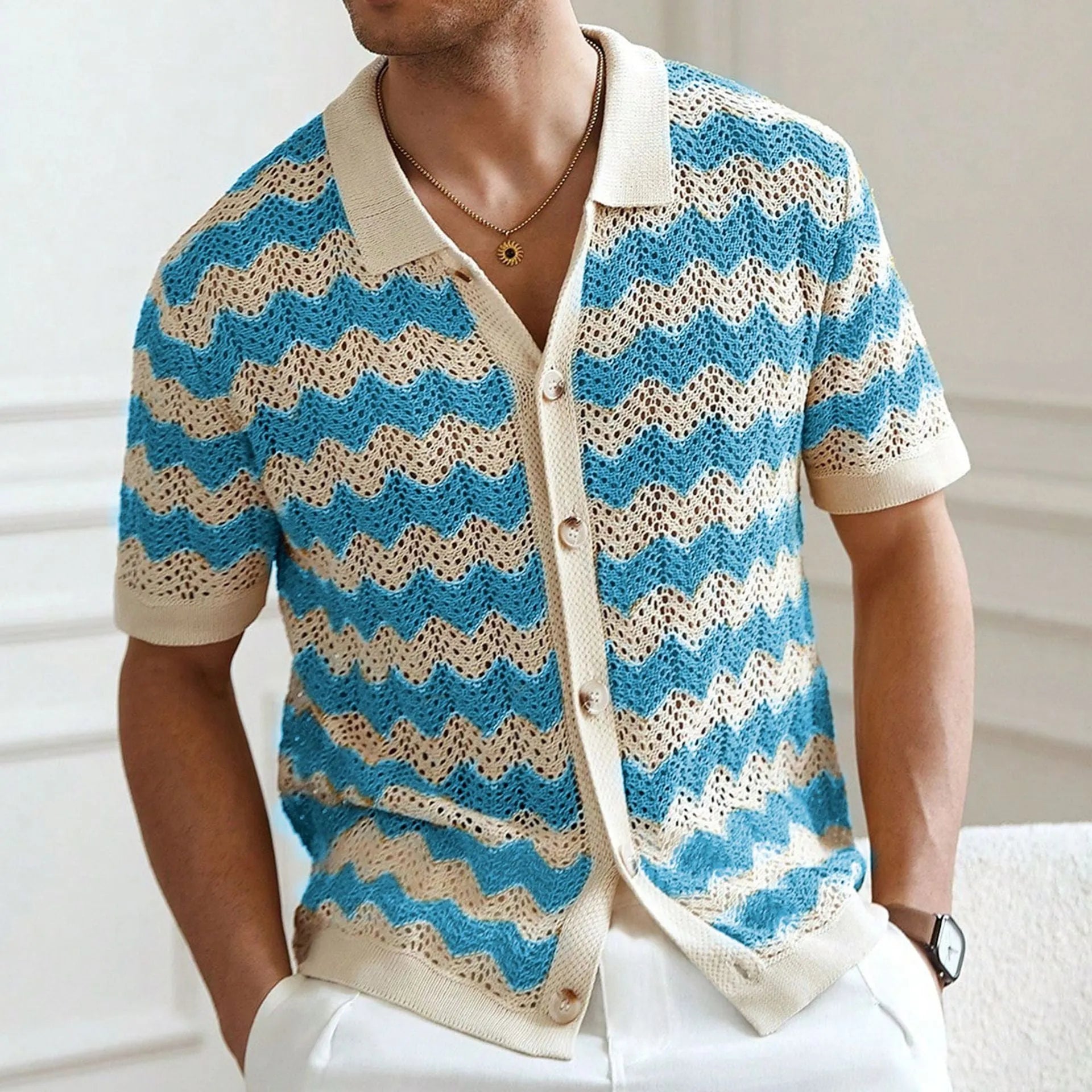Short sleeve blue American-style sweater with hollow jacquard corrugated texture and flocking detail
