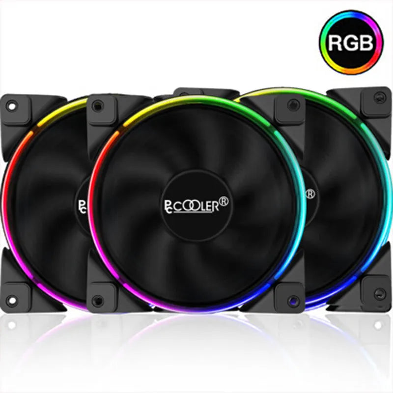 Three black 120mm RGB computer case fans with illuminated blades and hydraulic bearing design