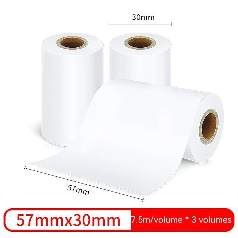 A box containing three rolls of white 57mm wide thermal paper for small printers.