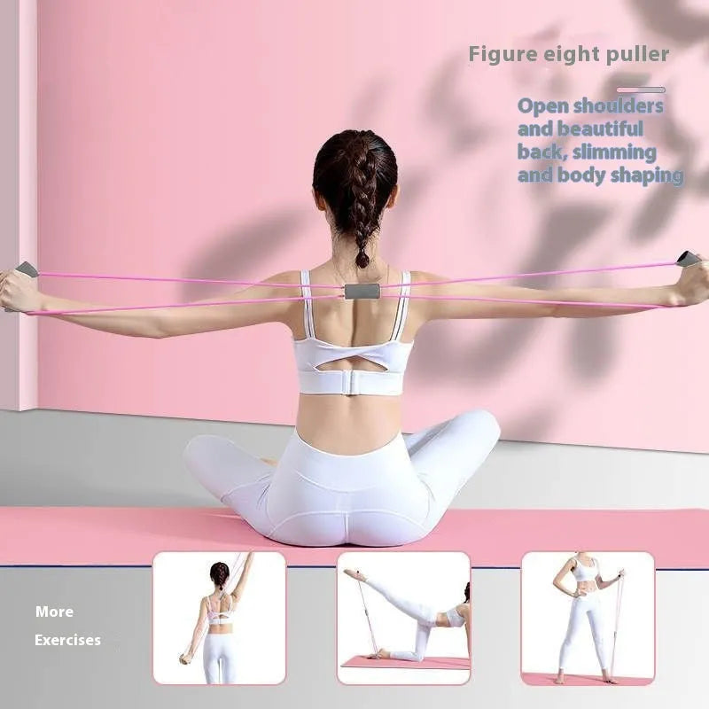 Yoga four piece fitness set showing leg stretching device, foot pedal resistance band, yoga ring, and figure eight tension rope