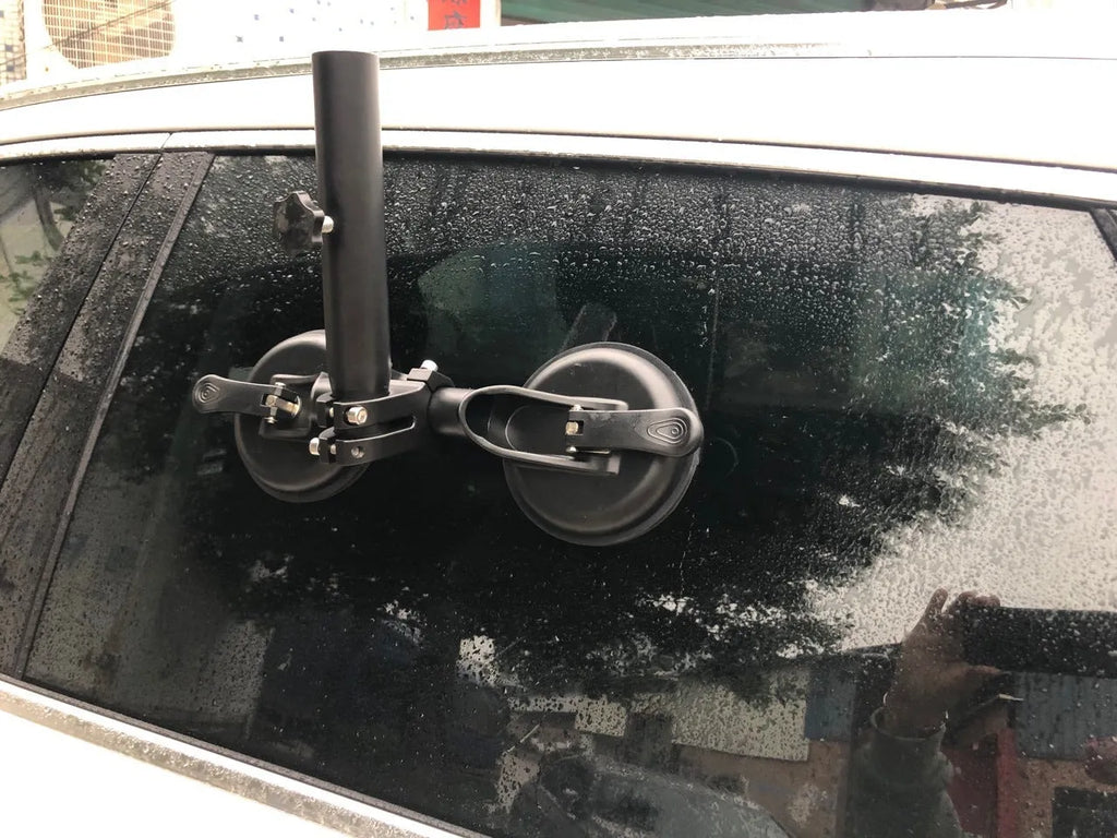 Black car window sucker flagpole mount with heavy rubber suction cup for off-road vehicles