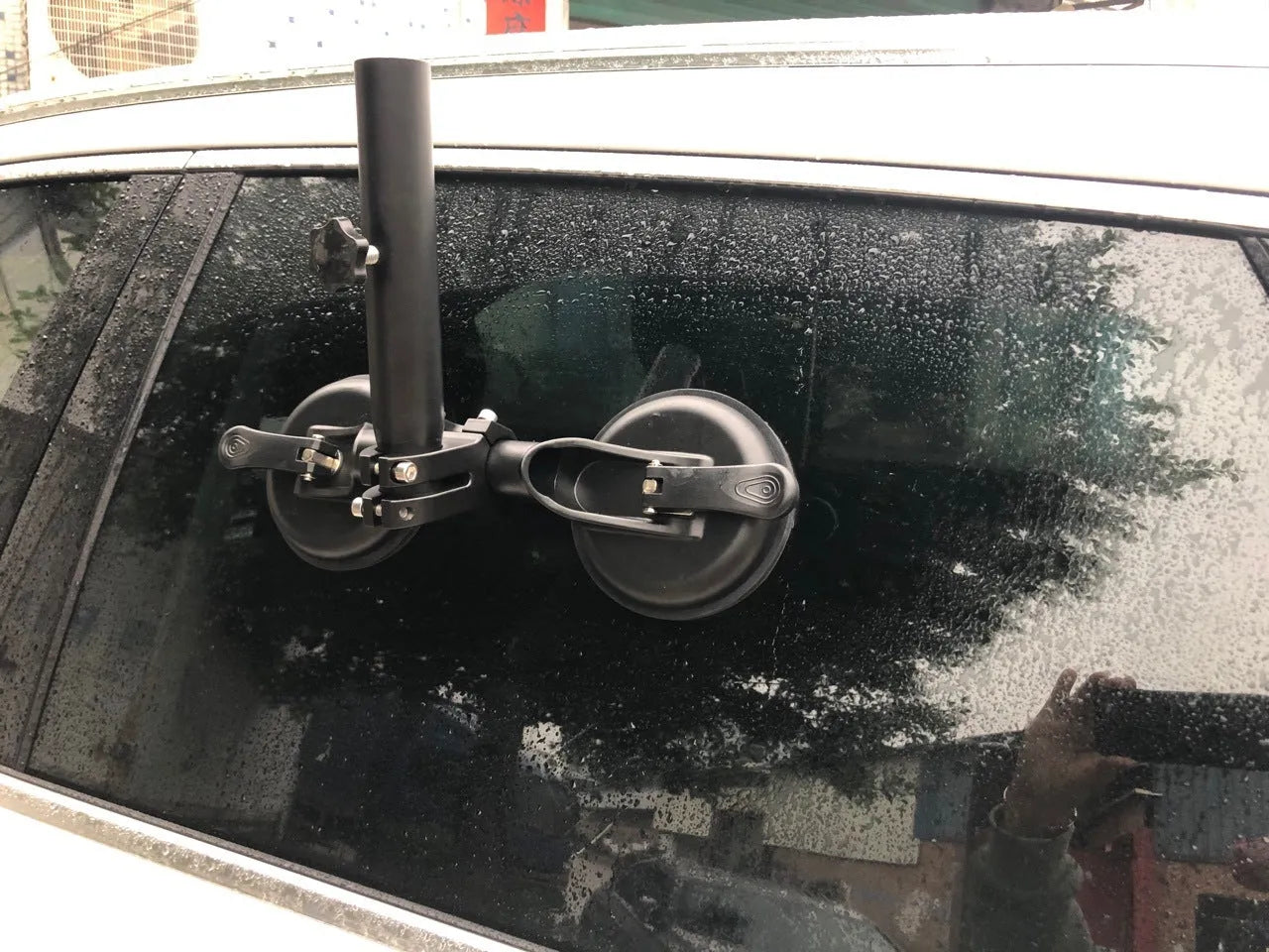 Black car window sucker flagpole mount with heavy rubber suction cup for off-road vehicles