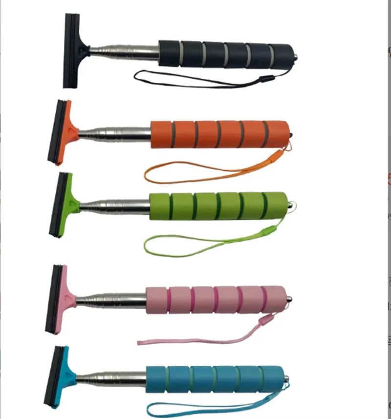 Retractable stainless steel rearview mirror wiper in black, extended to show 6.5cm rubber blade.