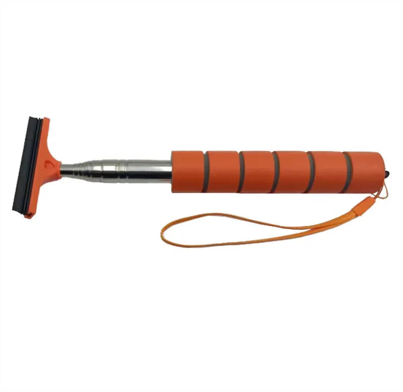 Retractable stainless steel rearview mirror wiper in black, extended to show 6.5cm rubber blade.