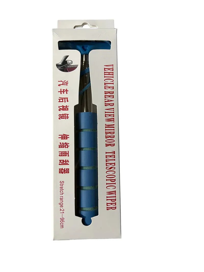 Retractable stainless steel rearview mirror wiper in black, extended to show 6.5cm rubber blade.