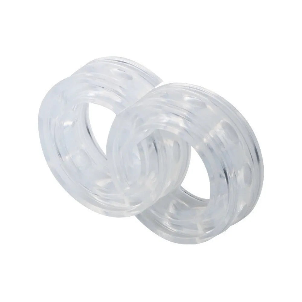 Two transparent rubber shock absorbers for car springs, shown with size measurement diagram.