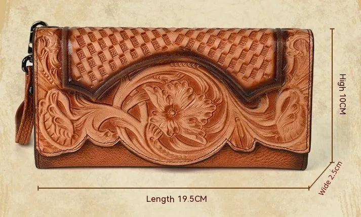 Chinese style embossed floral pattern women's tri-fold wallet in cowhide leather