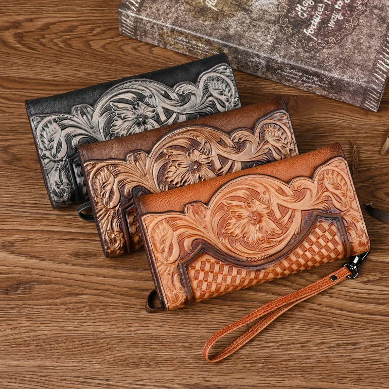 Chinese style embossed floral pattern women's tri-fold wallet in cowhide leather