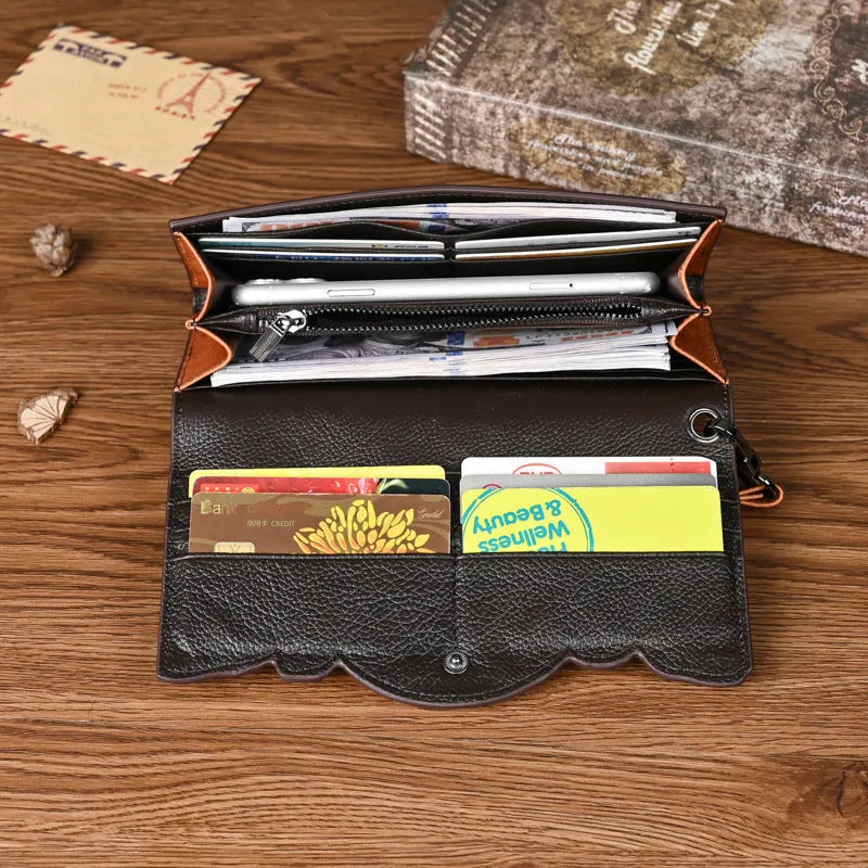 Chinese style embossed floral pattern women's tri-fold wallet in cowhide leather