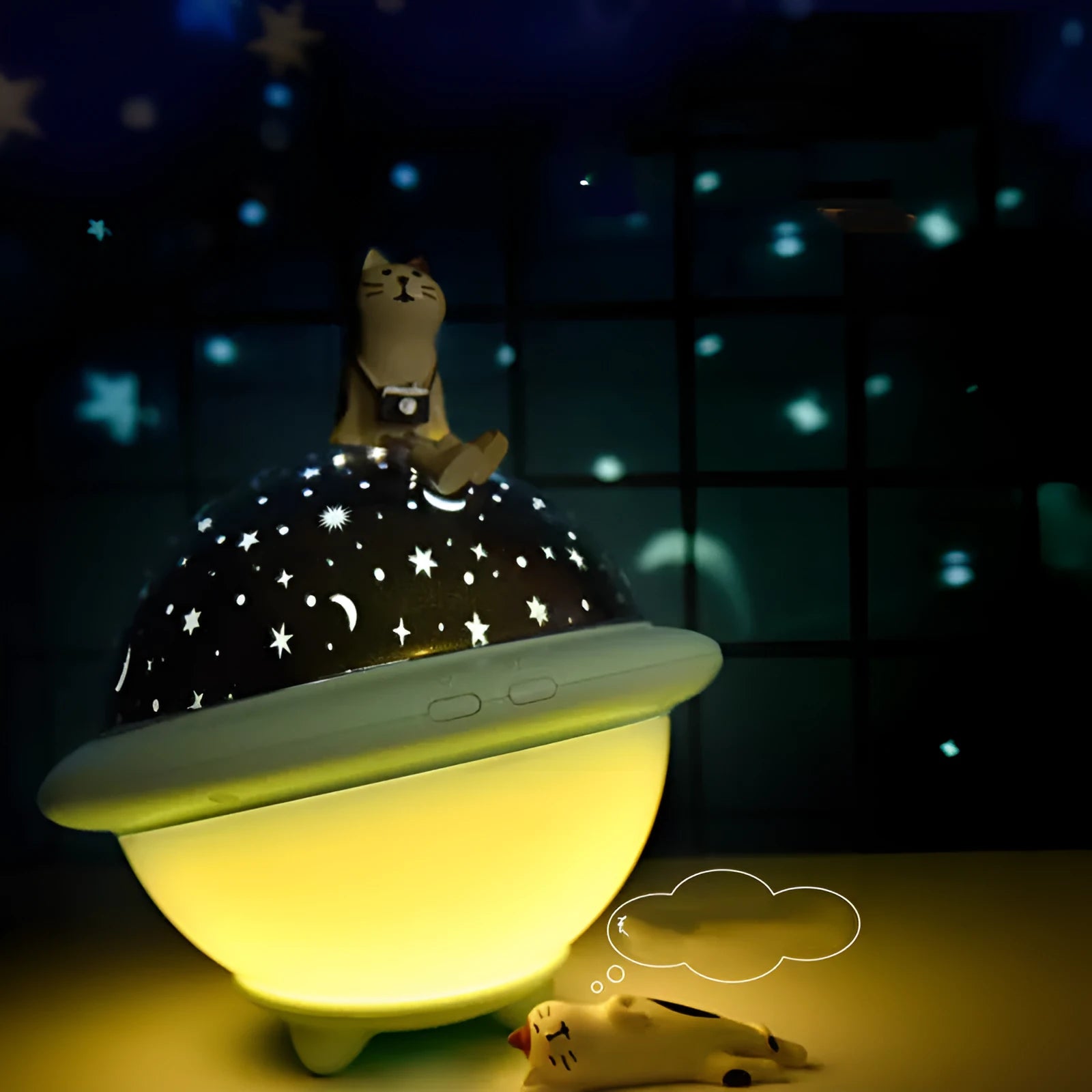 UFO-shaped starry sky projection night light in plastic construction with LED illumination