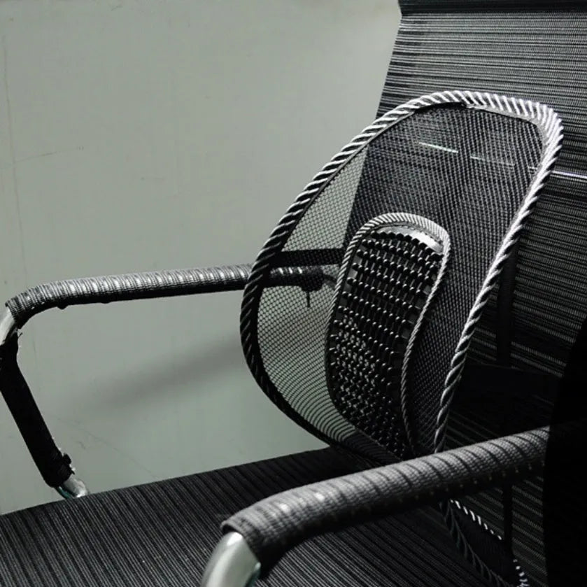 Black car lumbar support pillow with steel wire frame showing leather nail summer pattern