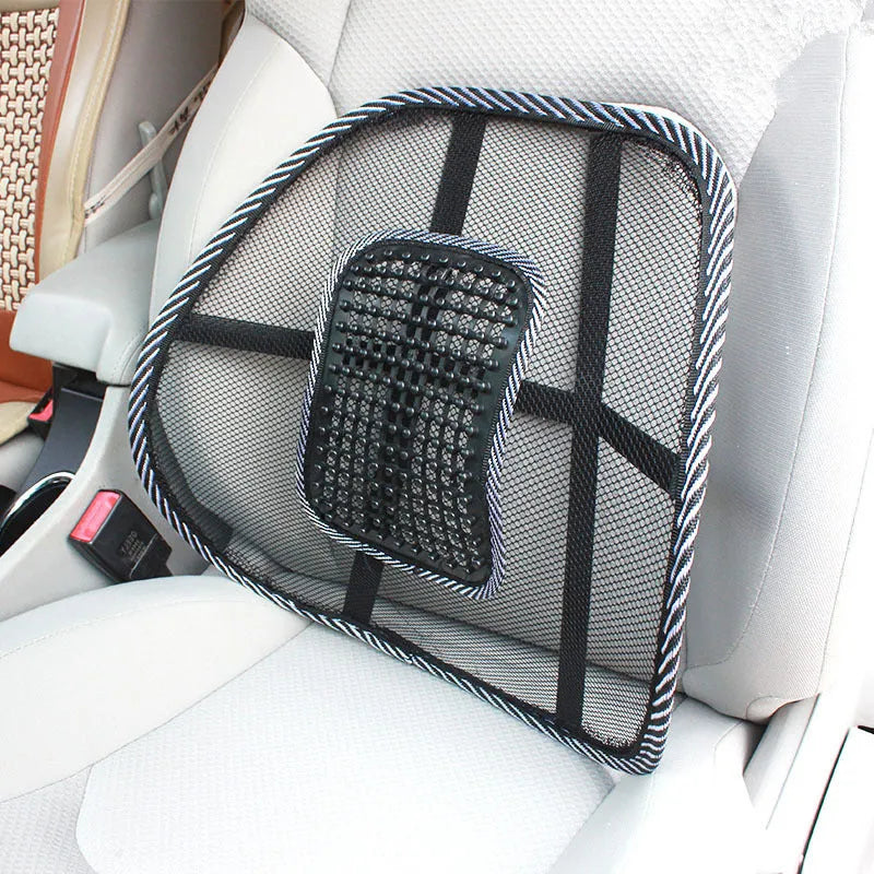 Black car lumbar support pillow with steel wire frame showing leather nail summer pattern