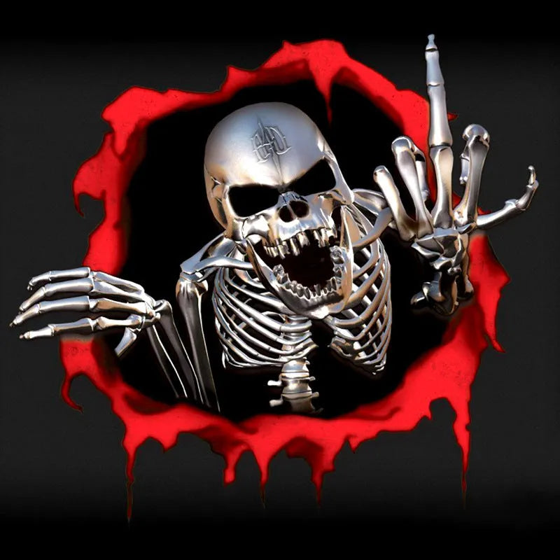 Reflective metal skull car sticker with colourful broken shell design measuring 15cm by 14cm